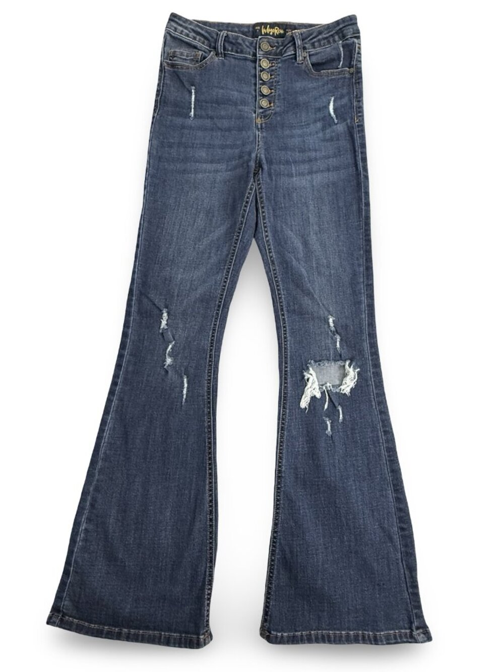 Indigo Rein Button Fly Distressed Flare Jeans Womens 7 Blue High Rise Ripped Y2K